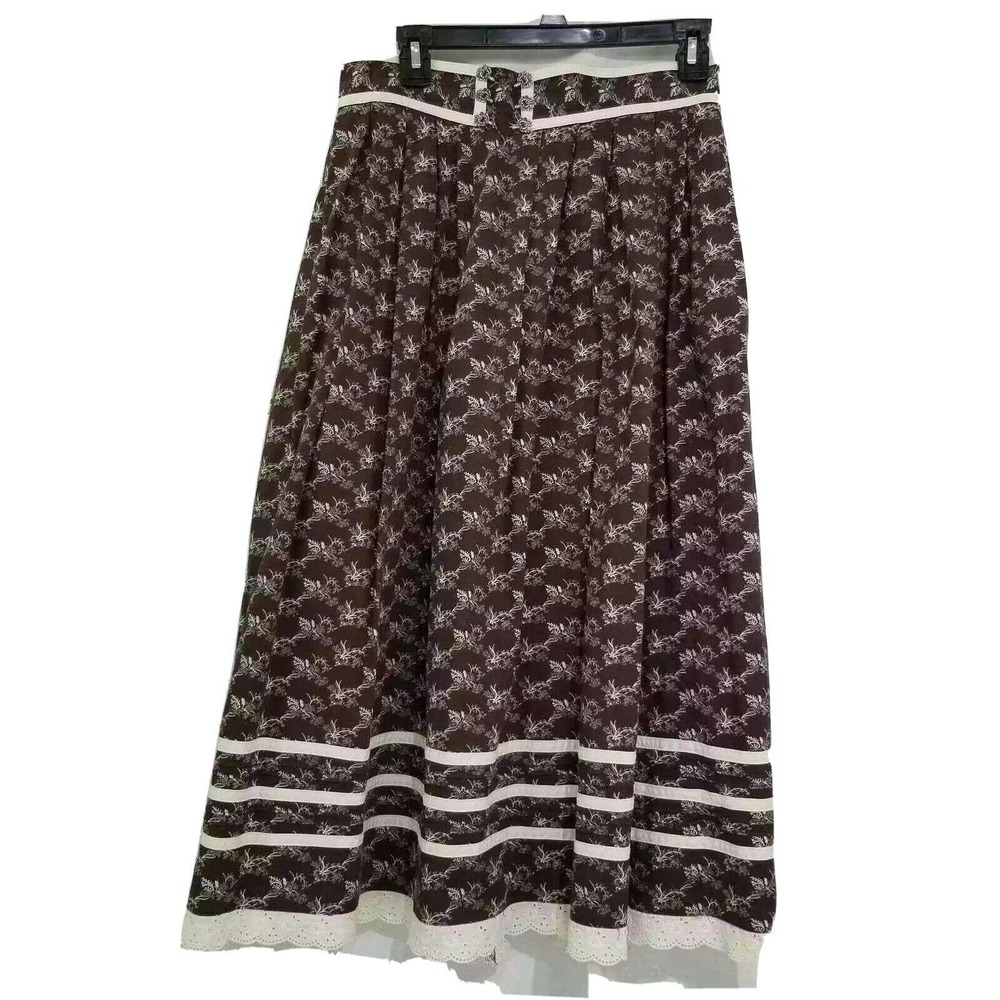 Vintage Alphorn Trachtenmode Von Adler Skirt Dirndl Brown Print Cotton 42